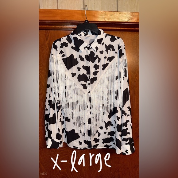 Amazon Tops - Cow Print Fringe Shirt